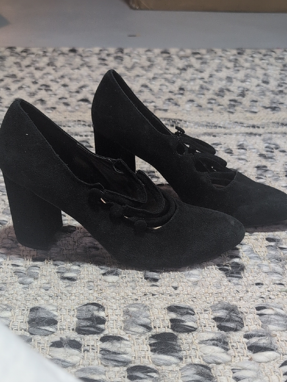 Isaac Mizrahi Black Suede Block Heel Pumps with Button Trim